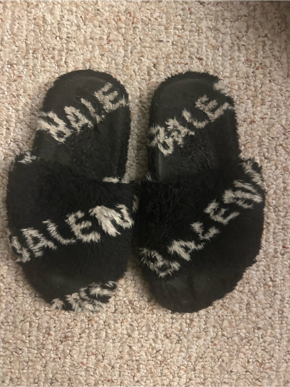 Black Fuzzy Balenciaga  Slide Slippers with White Logo Pattern
